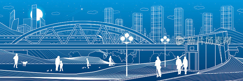 城市公园休息说明。火车在桥上行驶。放松的基础设施。晚上的城市场景。人们行走。蓝色背景上的白线。矢量设计艺术