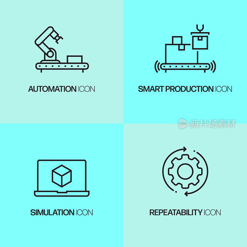 工业4.0相关线条图标。向量符号说明。
