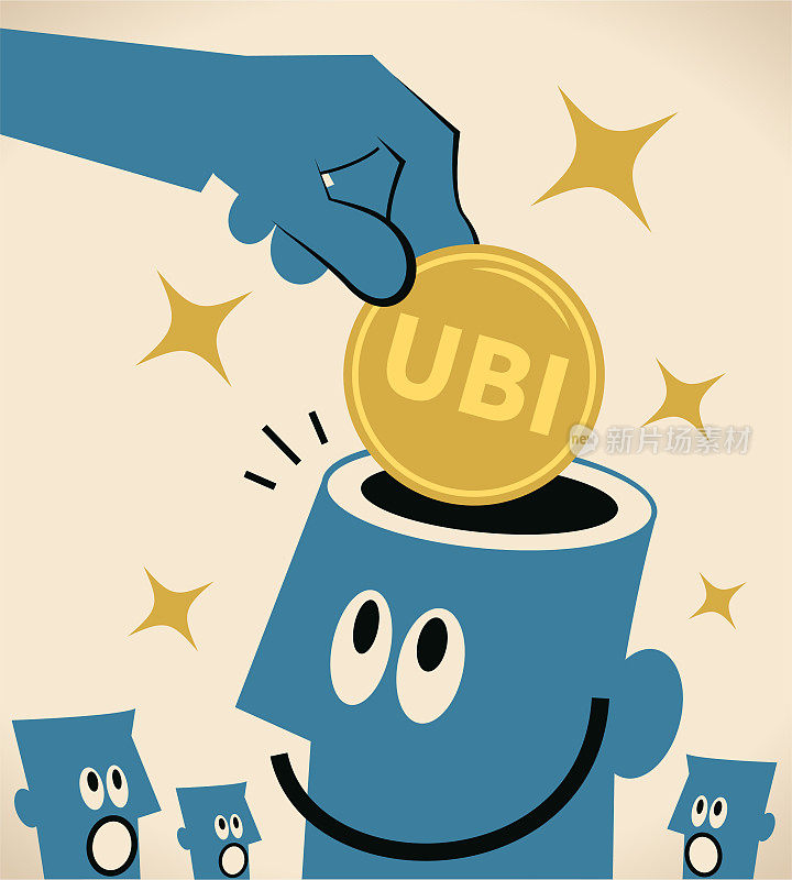 一只手把钱和全民基本收入(UBI)签入微笑的男子的开放的头