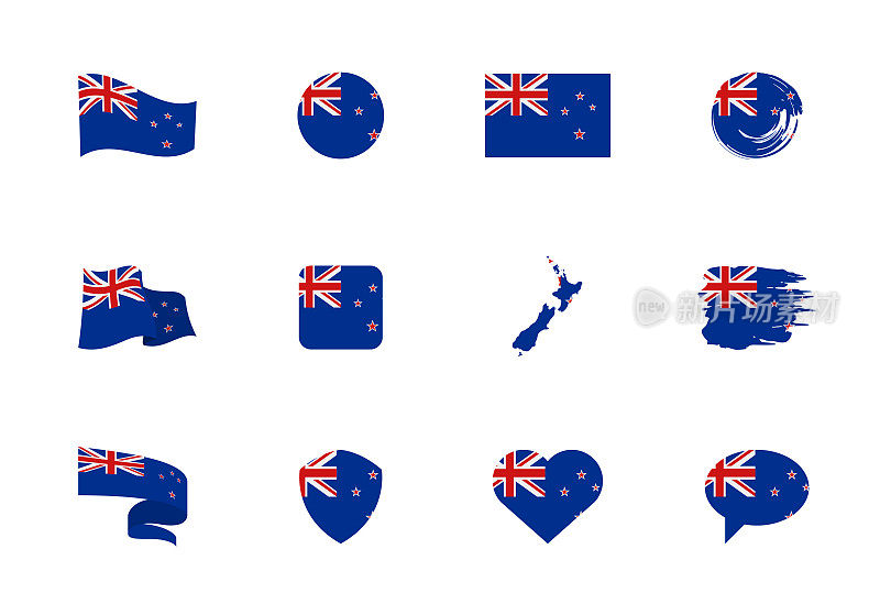 新西兰国旗-扁平收藏。十二种不同形状的旗帜。