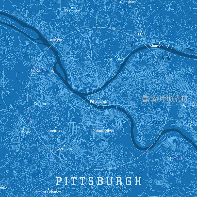 匹兹堡PA城市矢量道路地图蓝色文本