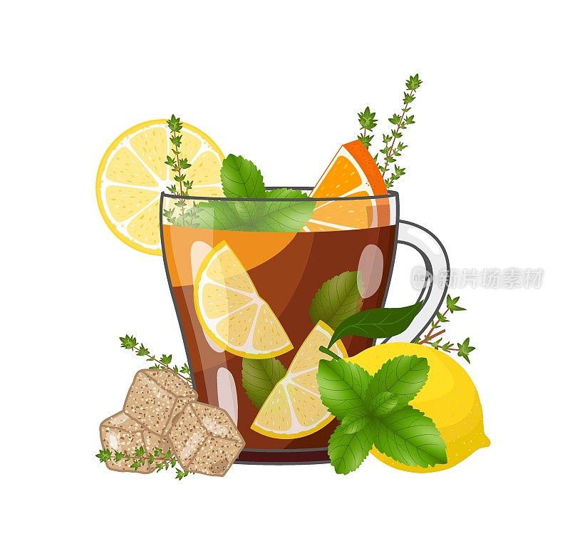 热疗草药红茶与柠檬，橘子，薄荷，百里香和蔗糖。矢量图