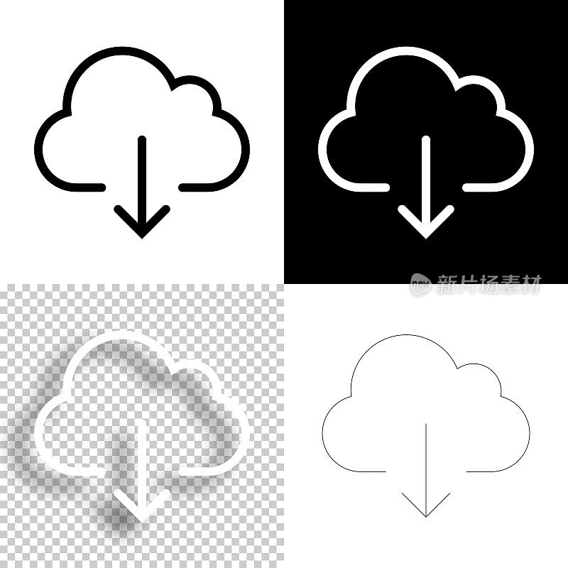 云下载。图标设计。空白，白色和黑色背景-线图标