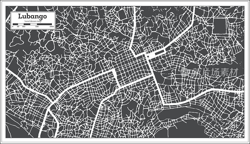 Lubango安哥拉城市地图黑白复古风格。略图。