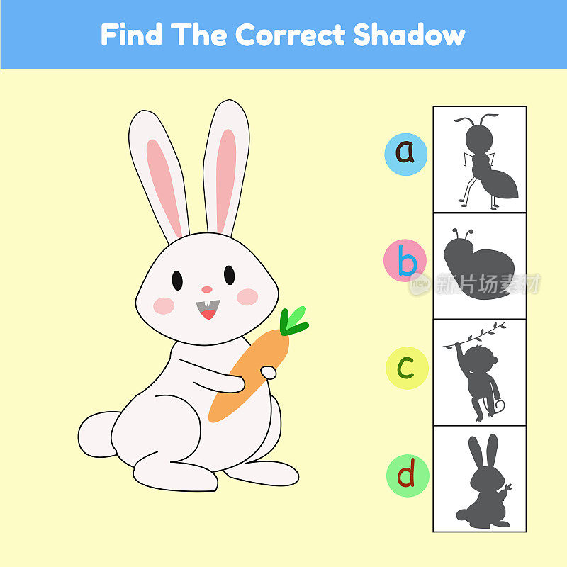 找到正确的阴影游戏动物兔子卡通插图矢量