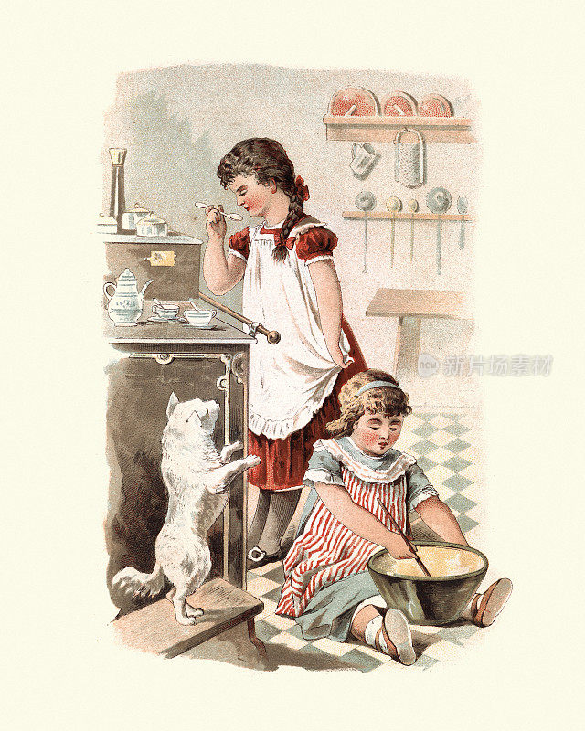 女孩们在厨房里学习烹饪和烘焙，维多利亚时代，十九世纪九十年代