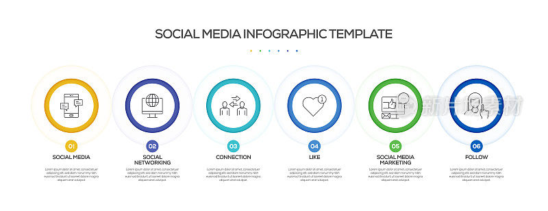 社交媒体相关流程信息图表模板。过程时间图。带有线性图标的工作流布局