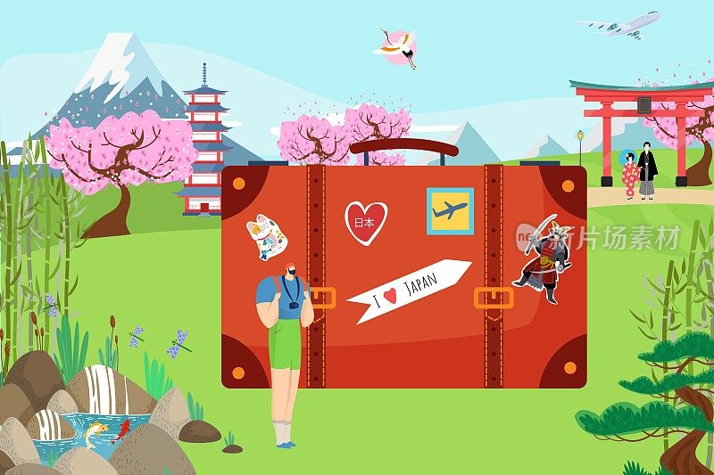 欧洲小旅行者男，日本度假旅游国家网页横幅，大旅行箱东方景观平面矢量插图。
