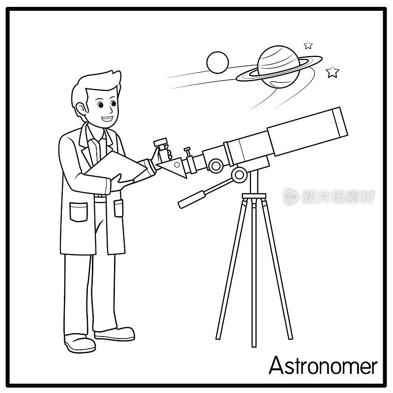 矢量图的天文学家孤立在白色背景。工作和职业概念。卡通人物。教育和学校的孩子涂色页，打印，活动，工作表，抽认卡。
