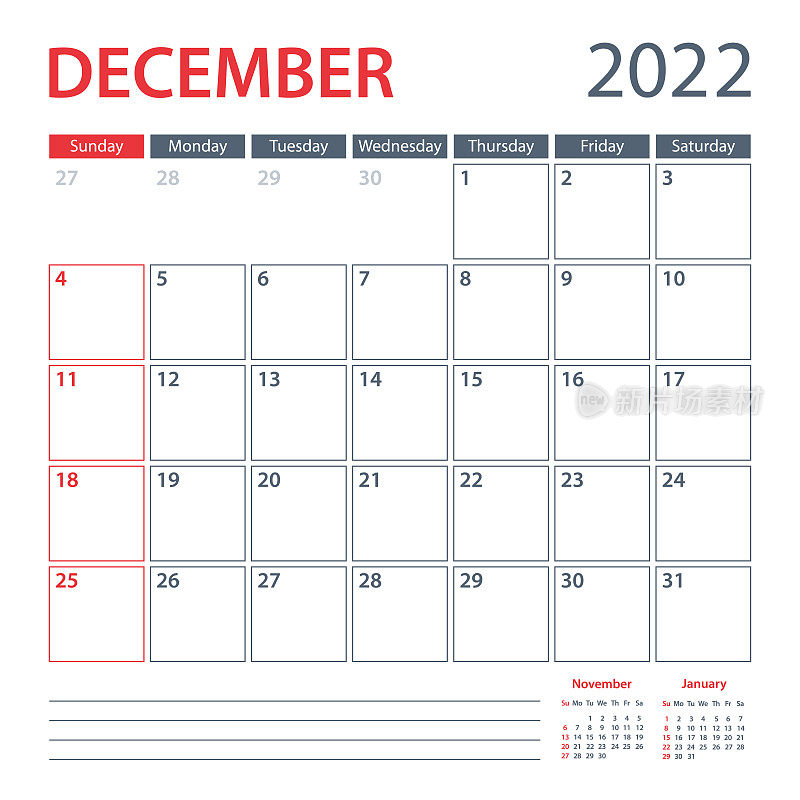 2022年12月日历规划器矢量模板。一周从周日开始