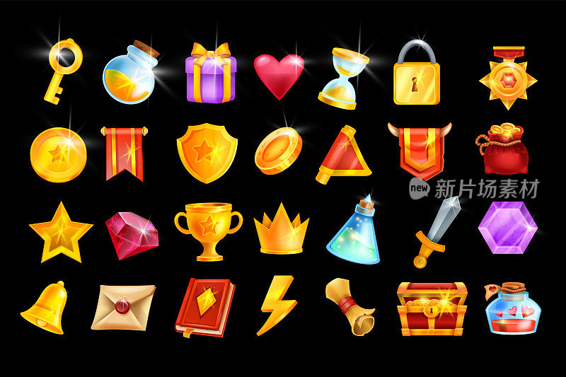 矢量游戏图标集，移动赌场应用对象工具包，RPG库存徽章，金杯奖杯，奖章。