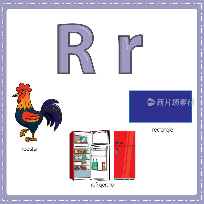 向量插图学习字母R的小写和大写的儿童与3卡通图像。公鸡冰箱矩形。