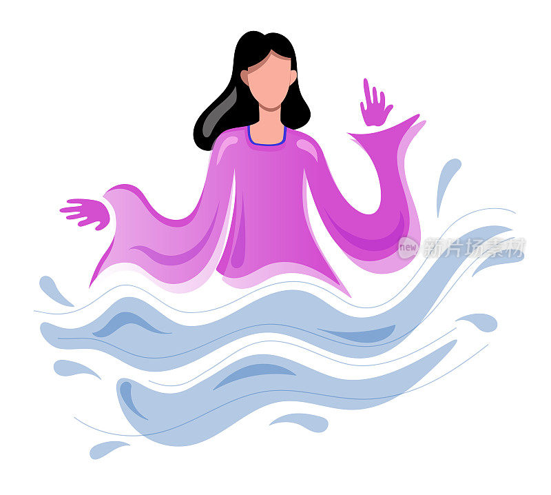 平面矢量插图的年轻女子和流动的水