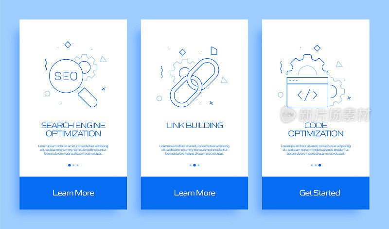 搜索引擎优化概念Onboarding移动应用程序页面屏幕与平面图标。UI设计模板矢量插图