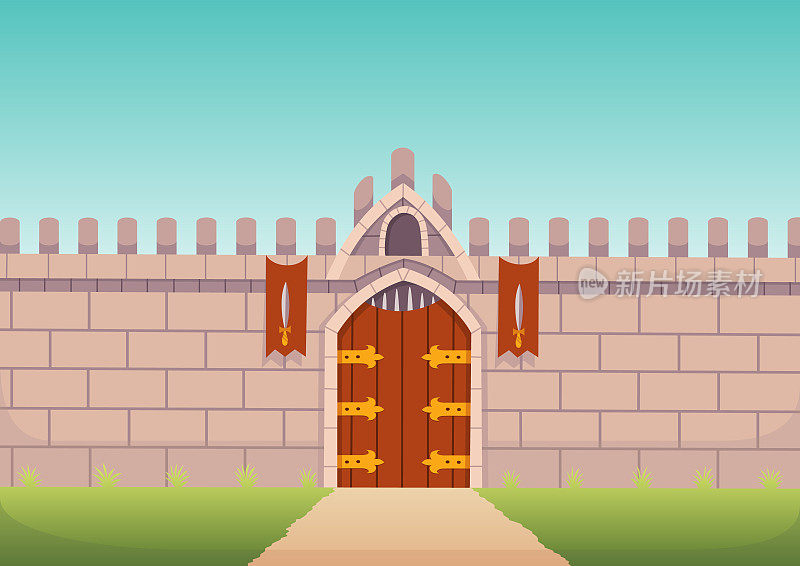 中世纪的墙前视图。城堡石砌防御与木制城门，童话般的外观。古代游戏插图，入口拱门和大门。大本营石头墙