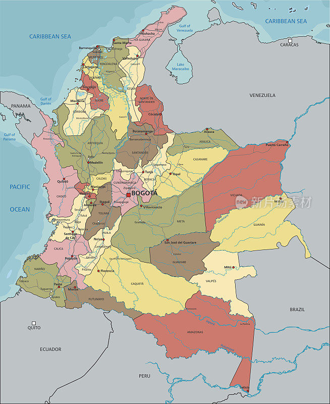 哥伦比亚-高度详细的可编辑的政治地图与标签。