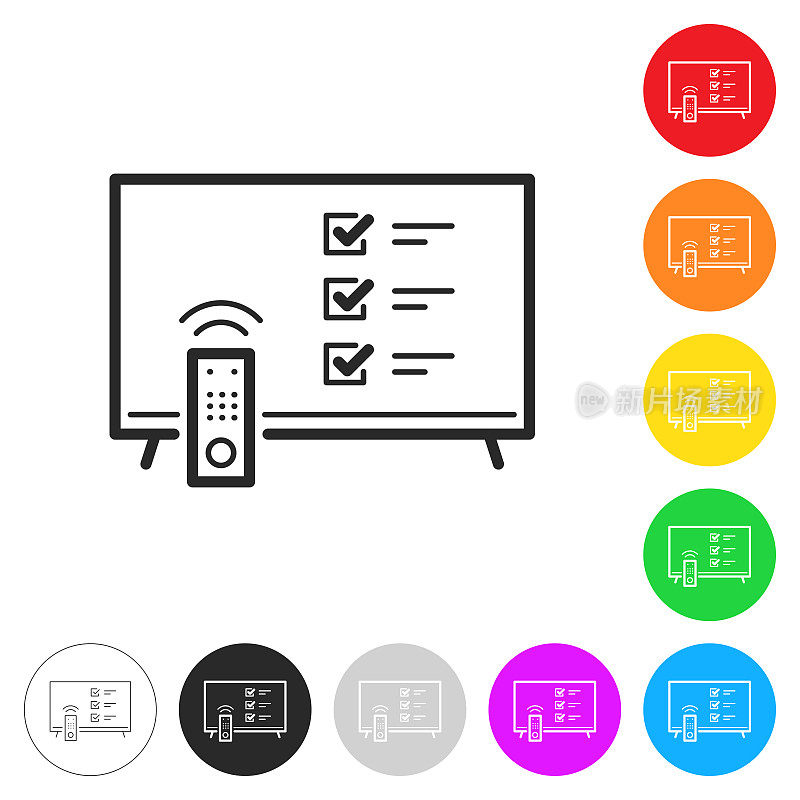 电视与清单。彩色按钮上的图标
