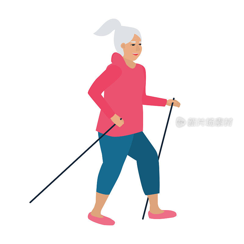 活跃的老年妇女做运动，在公园里散步