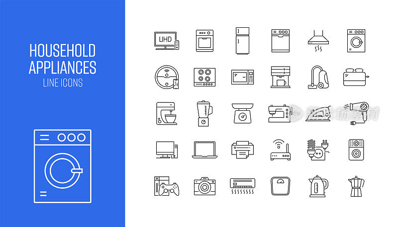 一套家用电器相关的线图标。大纲符号集合