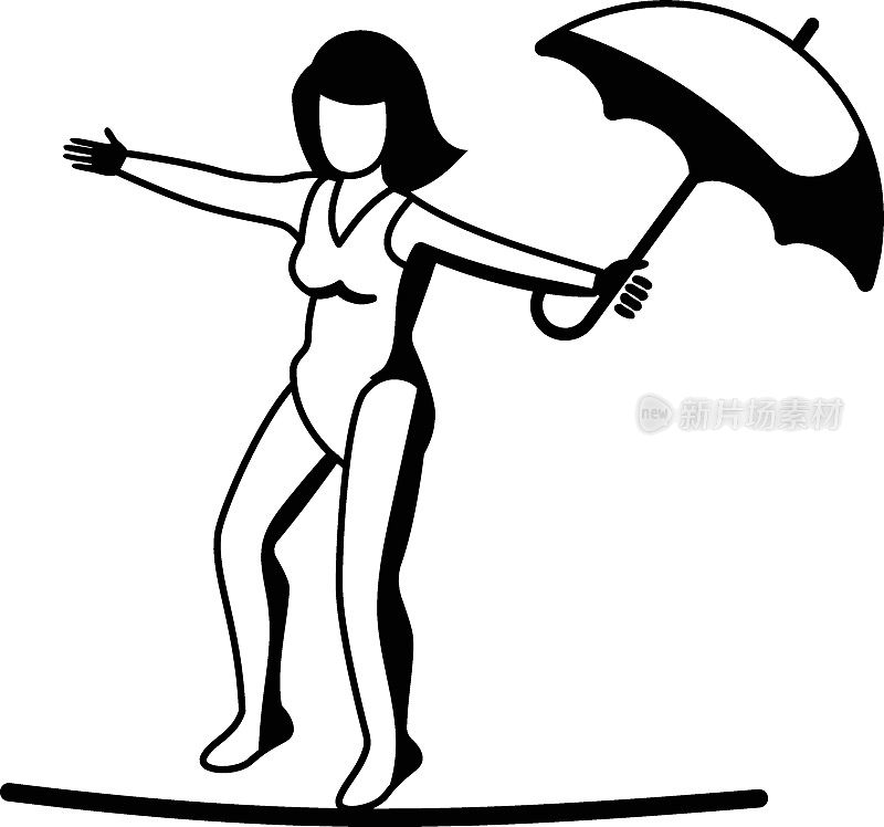 Funambulism矢量图标设计，马戏团角色符号，嘉年华表演者标志，节日剧团股票插图，女钢索行者持伞概念