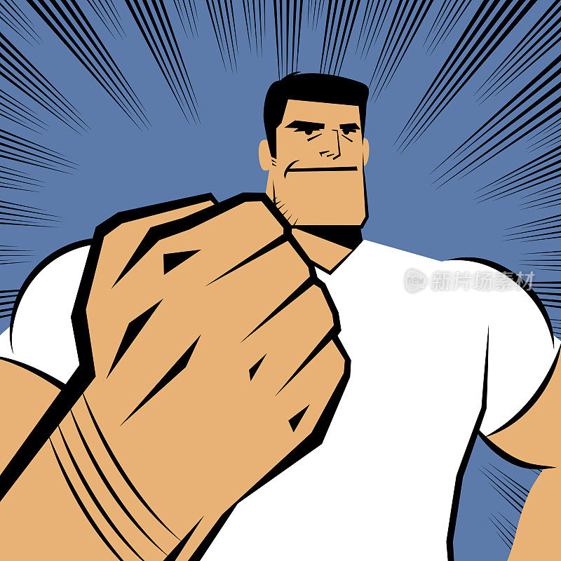 一个强壮的男人举起拳头在漫画效果线的背景