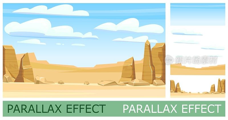 岩石峭壁。沙漠。图像从图层叠加视差效果。沙漠自然景观用石头。插图在卡通风格的平面设计。向量