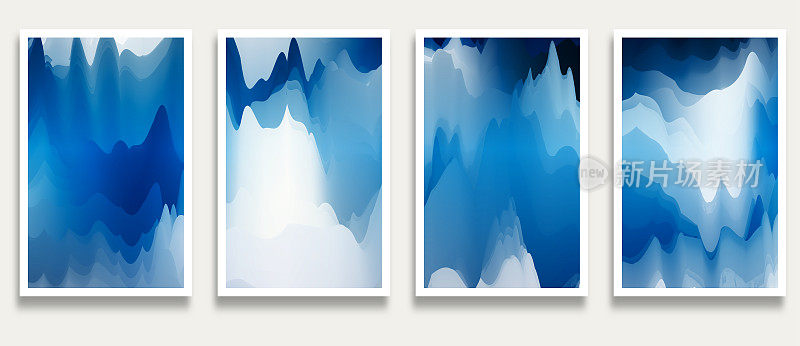 矢量梯度蓝色流动山中国水彩画水墨画场景模式旗帜卡设计元素，插图抽象背景集合