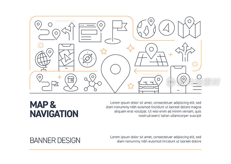 地图和导航相关的矢量横幅设计概念，现代线风格与图标