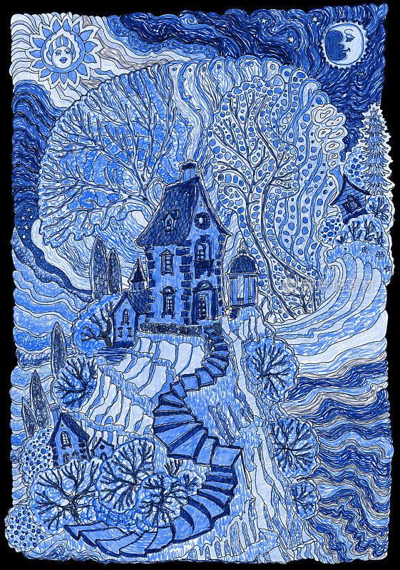 用毡尖笔描绘的梦幻海洋景观。地中海岛上童话般的中世纪城堡。蓝色t恤印刷与黑色框架。蜡染垂直页