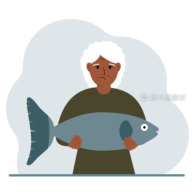 一位年老的女渔夫抱着一条大鱼，为自己钓得好或打猎得好而自豪。爱好,钓鱼的概念。