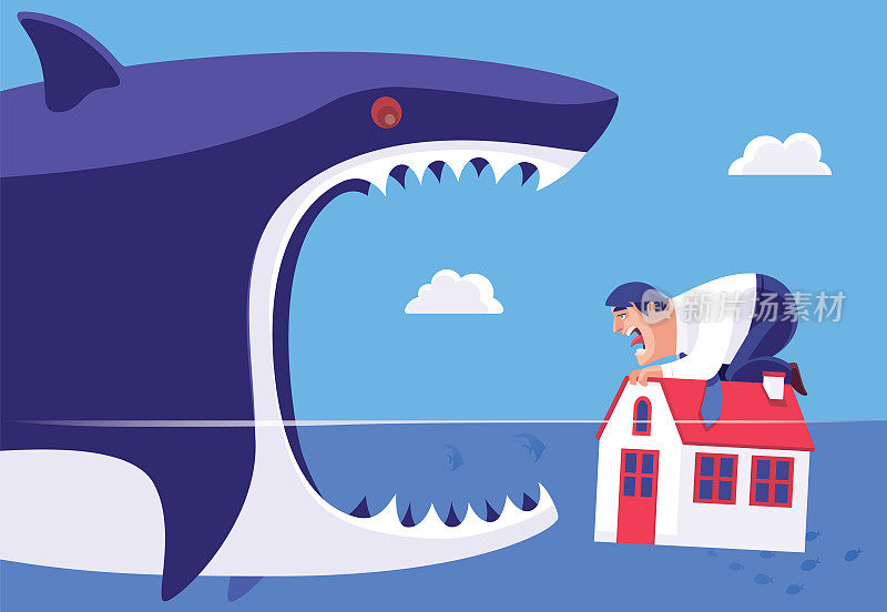惊讶的商人抱着溺水的房子，面对着大鲨鱼