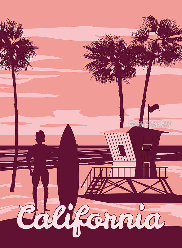加州冲浪复古海报。海滩上的救生员房子，冲浪者，棕榈，海岸，冲浪，海洋。矢量图的