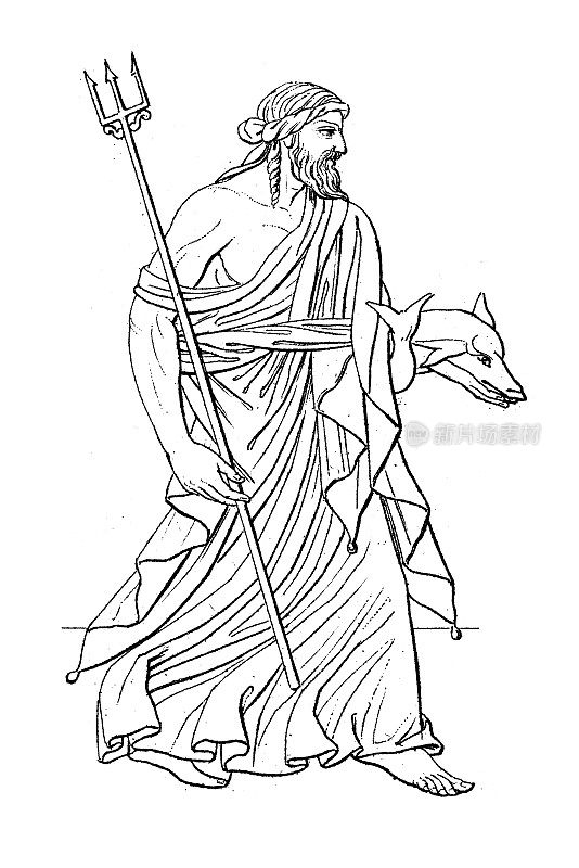 古董雕刻插画，文明:希腊罗马诸神与神话，波塞冬(海神)