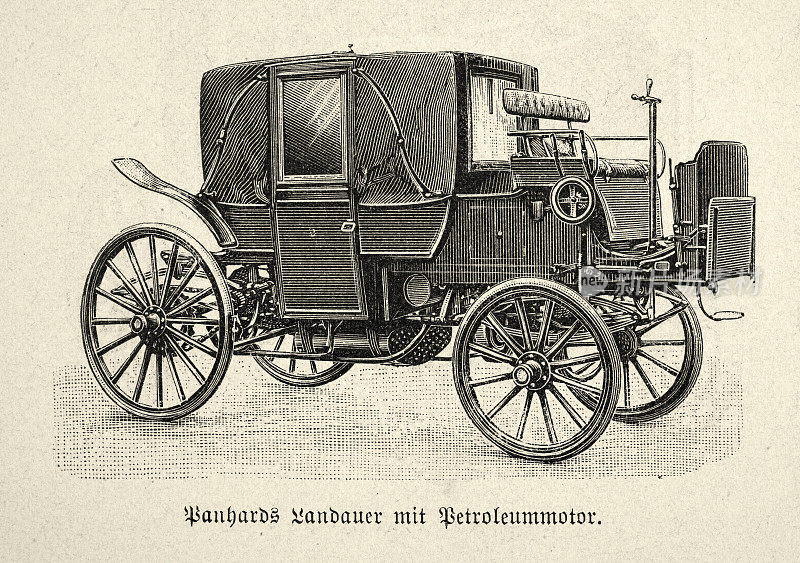 潘哈德早期汽油动力汽车的复古插图，19世纪90年代