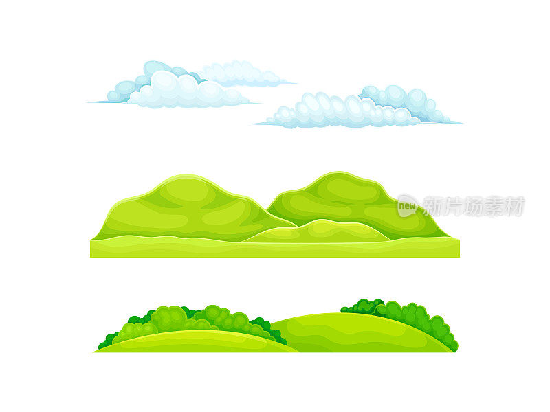 绿色草甸景观集。夏天或春天的田野，草坪，山丘和云卡通矢量插图