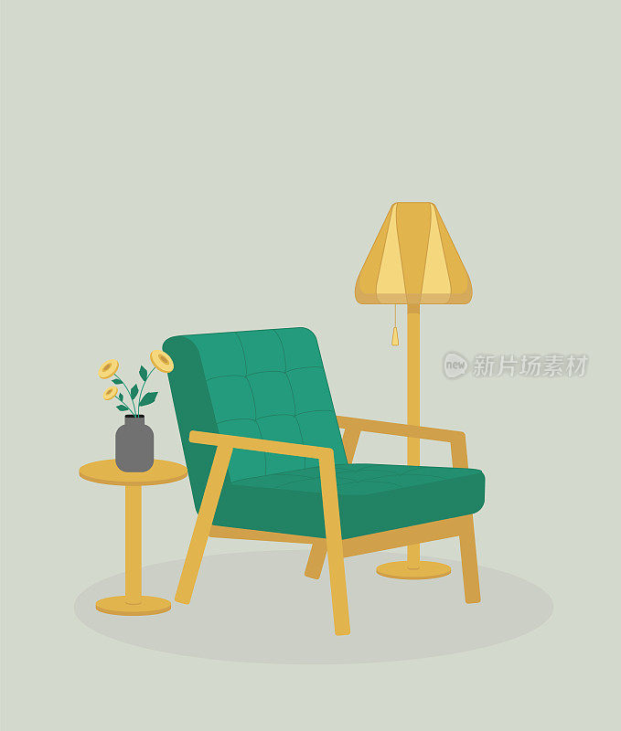 室内设计现代复古舒适的木制绿色扶手椅，灯和小桌子与花瓶，鲜花。室内元素，淡绿色的背景平静的地方。平面矢量插图，家具元素。