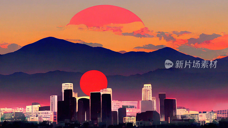 洛杉矶的天际线，橙色在夕阳下照亮了城市