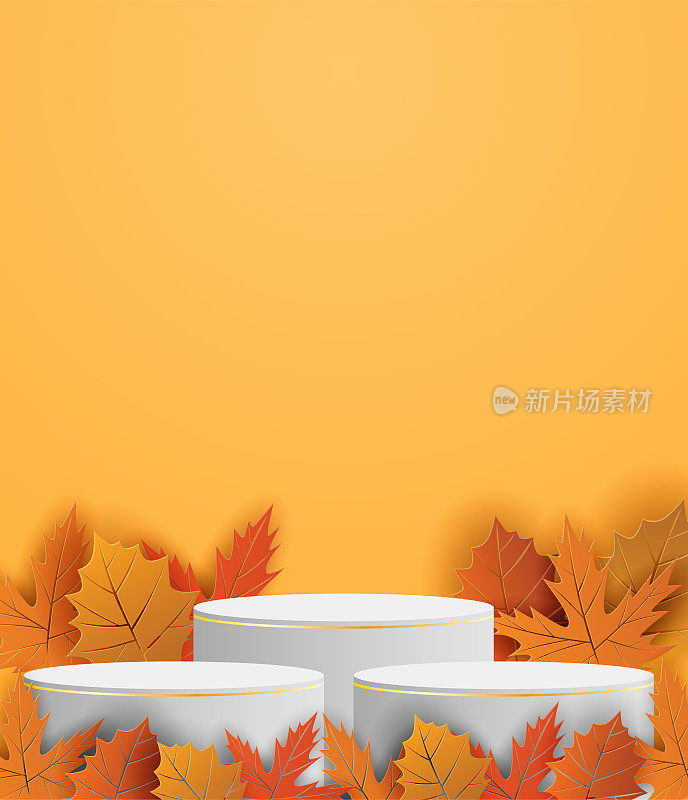 秋季主题产品展示平台。设计与叶子在橙色的背景。纸艺术风格。向量。