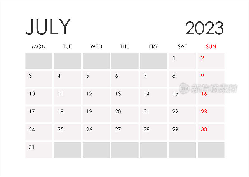 2023年7月的日历，简约风格。从星期一开始。