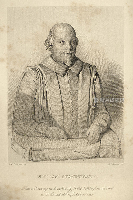 威廉・莎士比亚，英国剧作家、诗人和演员，以埃文河畔斯特拉特福教堂的半身像命名，经典插图