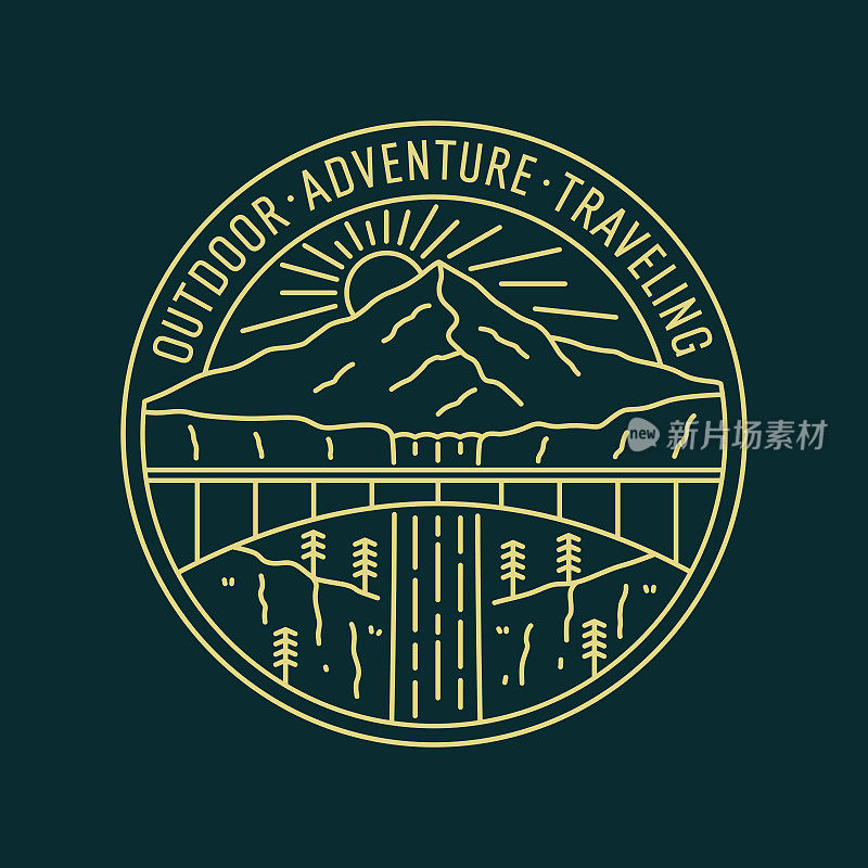 单线设计的自然山地户外冒险徽章贴片徽章图形矢量艺术t恤设计