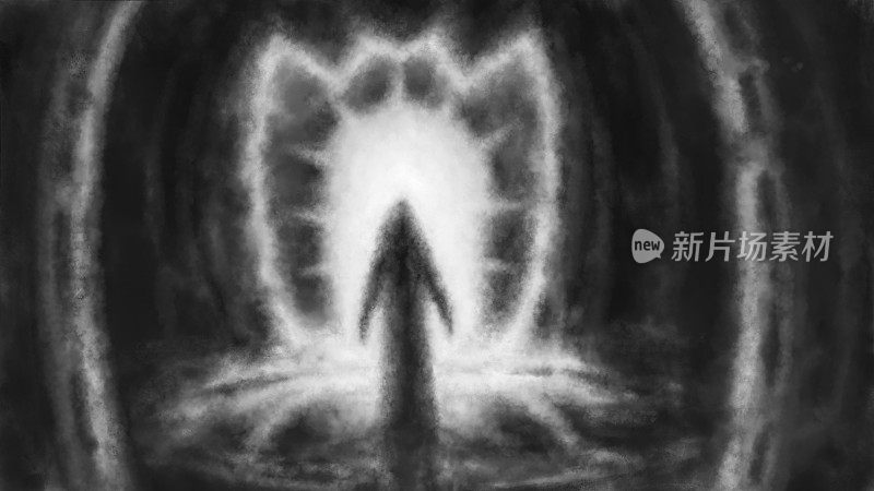 一个戴兜帽的人站在山洞里。古庙的仪式室。幽灵般的黑暗僧侣插画。恐怖幻想流派。噩梦中的可怕角色。