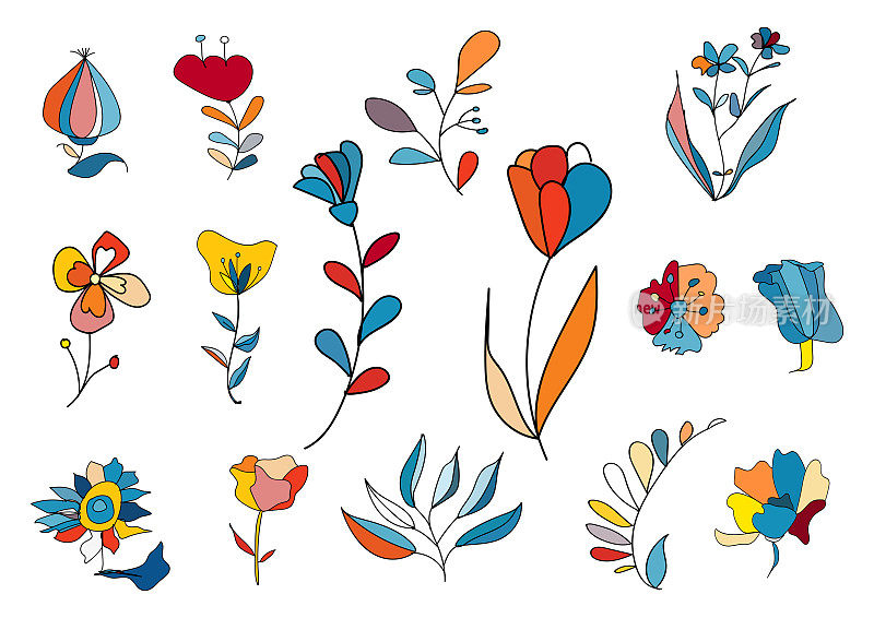 矢量集手绘线艺术极简主义色彩花叶子和花涂鸦标志涂鸦元素集合插图孤立在白色背景
