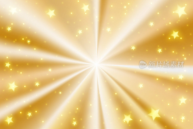 金色径向箔梯度与星星和闪光。圆形金属纹理与圆锥形效果。矢量现实背景与抛光表面