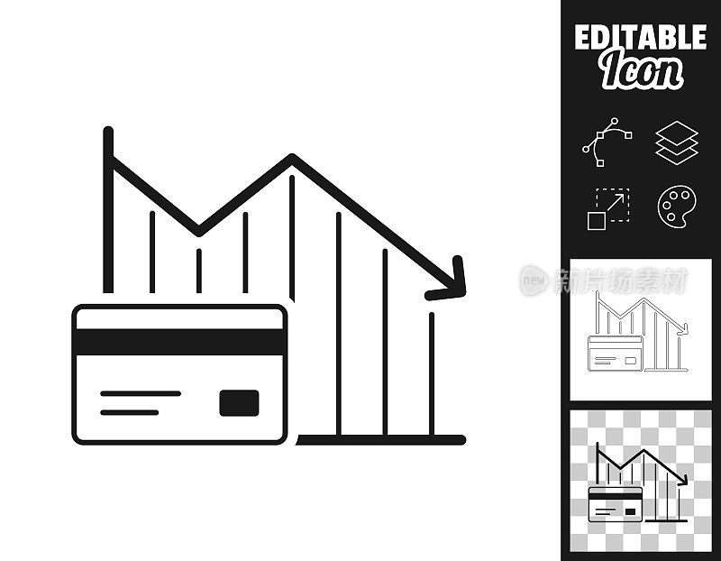 递减图与信用卡。图标设计。轻松地编辑