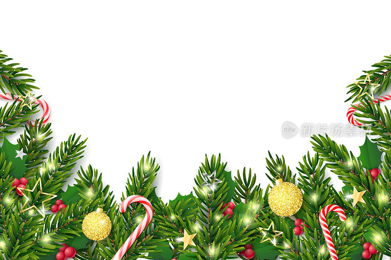 圣诞节和新年模板。杉树与圣诞节现实的装饰品