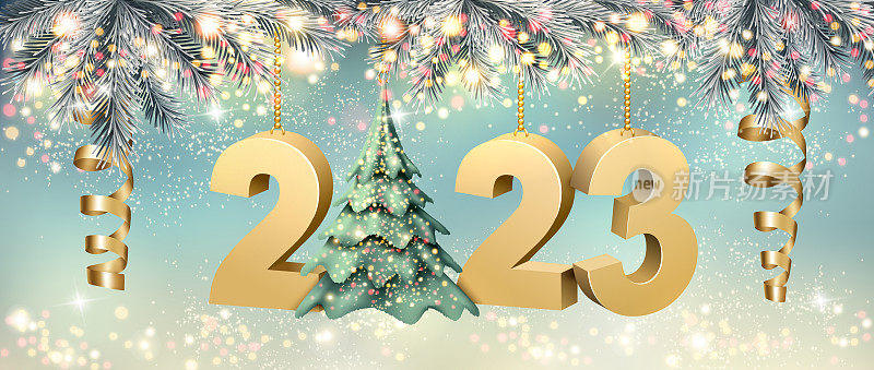 圣诞快乐和新年快乐的背景与2023，圣诞树和serrpantine。向量。