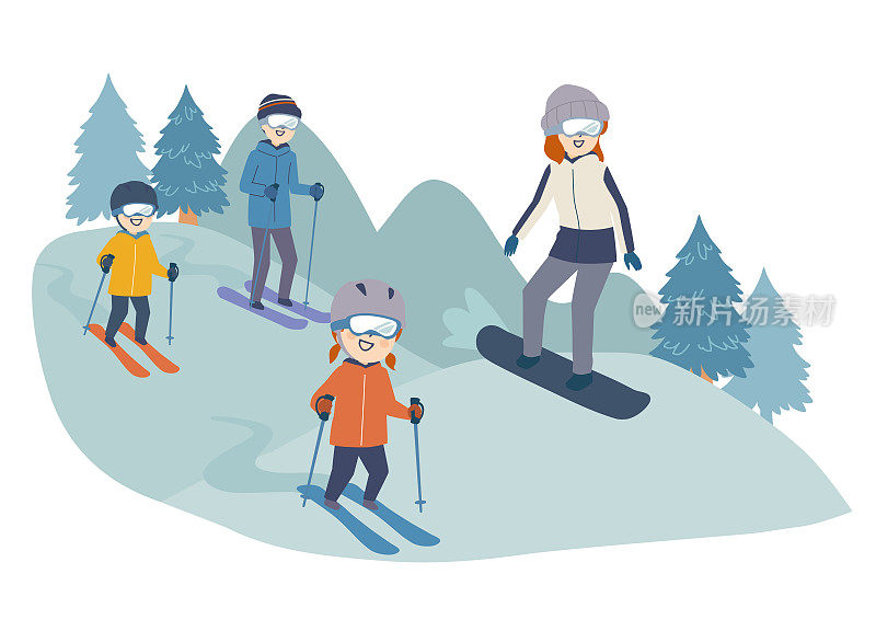 一个家庭滑雪的插图