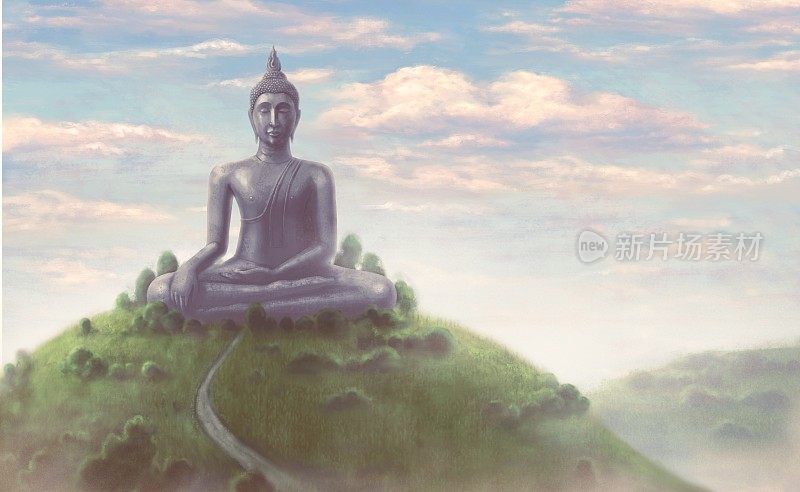 超现实的自然景观中的佛像。宗教、精神、信仰、佛教的概念创意作品。超现实绘画3d插画，概念艺术作品