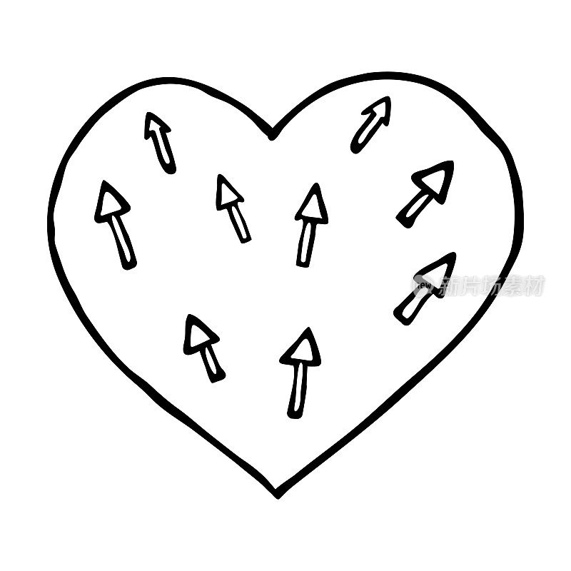 矢量涂鸦心脏与箭头图案。白色背景上孤立的直线黑色心脏轮廓